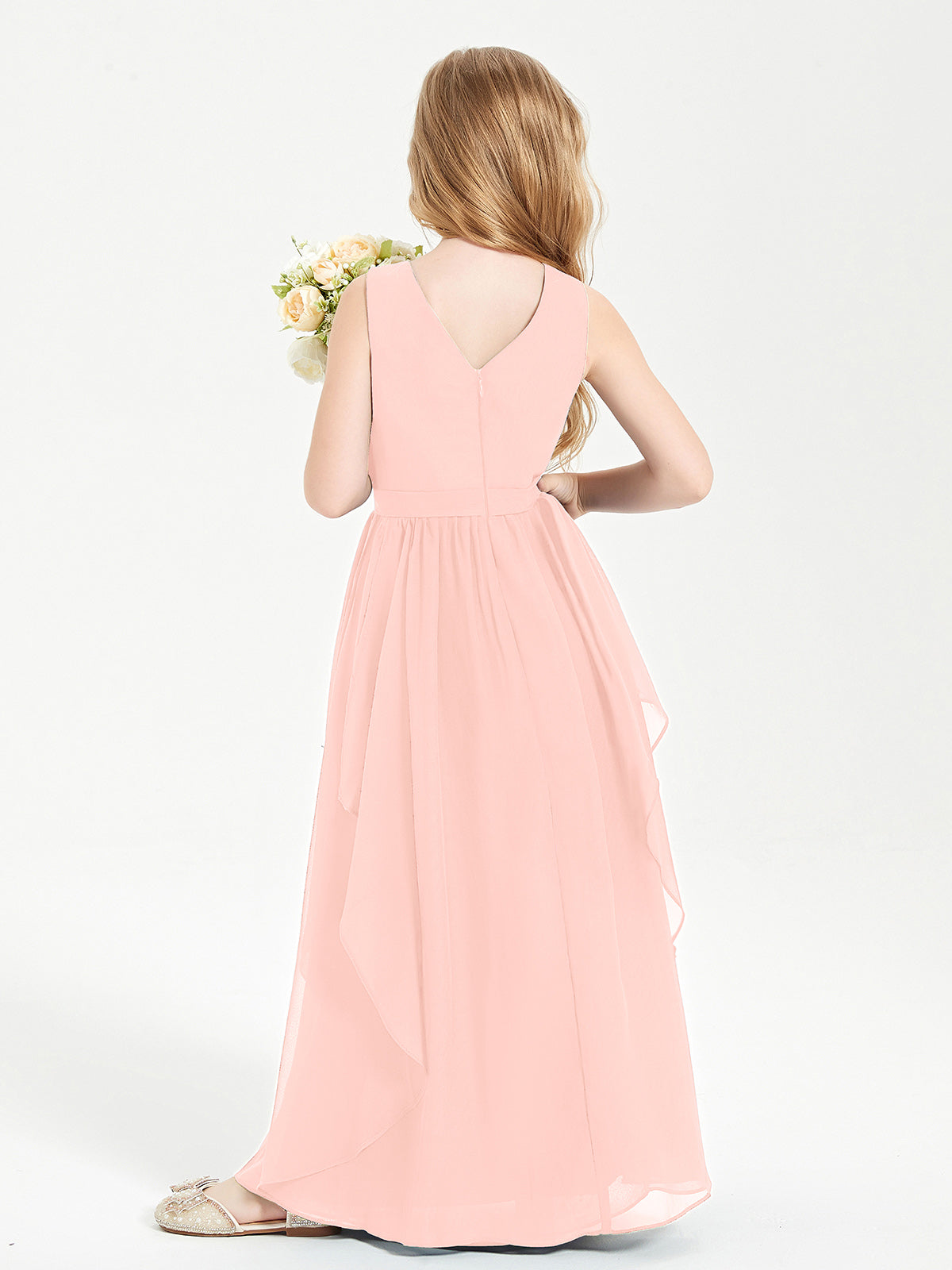 Boho Sleeveless Junior Chiffon Bridesmaids Gown Coral